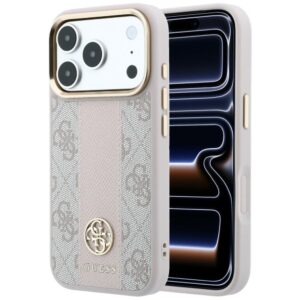Guess 4G su „Stripe Round“ ir klasikiniais logotipais „MagSafe“ dėklas, skirtas iPhone 18 Pro / 17 Pro, rožinis