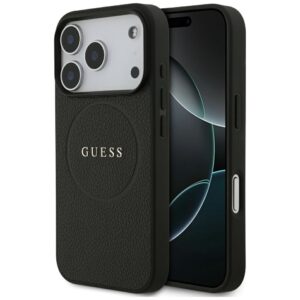 Guess Grained Gold Ring MagSafe dėklas, skirtas Iphone 18 Pro / 17 Pro, juodas