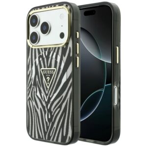 Guess IML Zebra Glitter Triangle Logo MagSafe dėklas, skirtas Iphone 18 Pro / 17 Pro, sidabrinis