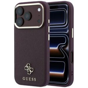 Guess Saffiano Small 4G & Classic Logo MagSafe dėklas, skirtas Iphone 18 Pro / 17 Pro, bordo spalvos