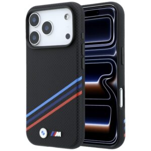BMW M Quadrille dėklas su Kevlar raštu, tricolor linijomis ir metaliniu logotipu, MagSafe, skirtas iPhone 18 Pro / 17 Pro