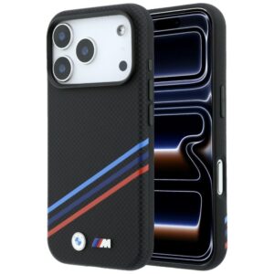 BMW M Quadrille dėklas su Kevlar raštu, tricolor linijomis ir metaliniu logotipu, MagSafe, skirtas iPhone 18 Pro Max / 17