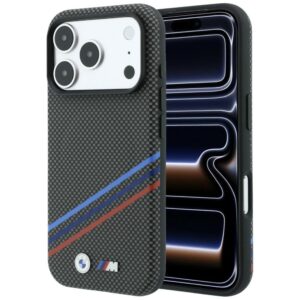 BMW M Quadrille Kevlar rašto trijų spalvų linijų ir metalinio logotipo MagSafe dėklas, skirtas iPhone 18 Pro Max / 17 Pro