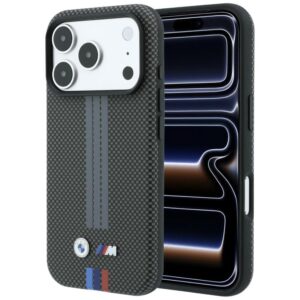BMW M Quadrille Kevlar trijų spalvų linijų MagSafe dėklas, skirtas iPhone 18 Pro Max / 17 Pro Max, antracito spalvos