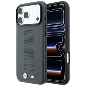 Dėklas BMW M Blue Perfo Metal Logo MagSafe, skirtas iPhone 18 Pro / 17 Pro, pilkas