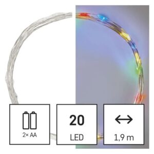 LED girlianda NANO, 3Vac (2xAA), 1.9m, 20 x LED, įvairių spalvų LED, su laikmačiu, EMOS