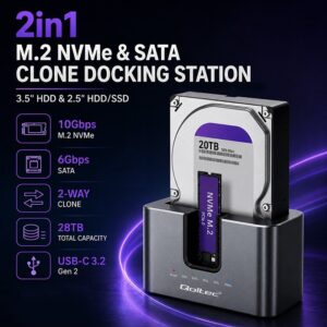 Qoltec 52631 HDD SSD prijungimo stotelė | SATA | M.2 NVMe | klonavimas | USB-C | 10 Gb/s | 28 TB - Image 2