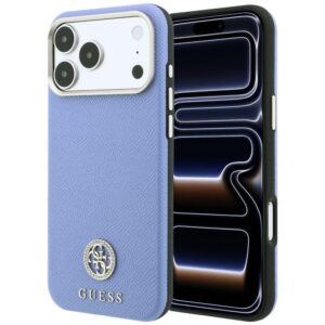 Guess Grained Round Strass Logo MagSafe dėklas, skirtas iPhone 18 Pro Max / 17 Pro Max, mėlynas
