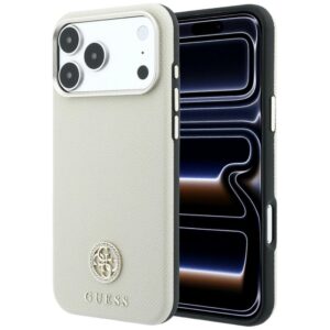Guess Grained Round Strass Logo MagSafe dėklas, skirtas iPhone 18 Pro Max / 17 Pro Max – smėlio spalvos