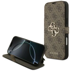 Guess Book 4G Metal Logo dėklas, skirtas iPhone 18 Pro Max / iPhone 17 Pro Max, rudas