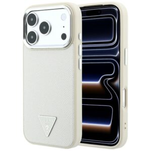 Dėklas Guess Grained Triangle Logo MagSafe, skirtas iPhone 18 Pro / 17 Pro, smėlio spalvos