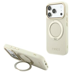 Guess Ring Stand 360 Grained Classic Logo MagSafe dėklas, skirtas iPhone 18 Pro Max / 17 Pro Max, smėlio spalvos