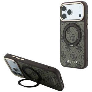 Guess Ring Stand 360 4G Classic Logo MagSafe dėklas, skirtas iPhone 18 Pro / 17 Pro, rudas