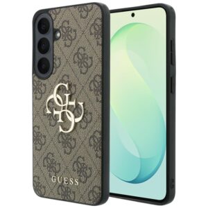 Guess Leather 4G Metal Logo dėklas, skirtas Samsung Galaxy S26 FE, rudas