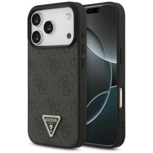 Guess odinis 4G Triangle Strass MagSafe dėklas, skirtas iPhone 18 Pro / 17 Pro, juodas