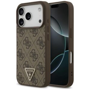 Guess odinis 4G Triangle Strass MagSafe dėklas, skirtas iPhone 18 Pro / 17 Pro, rudas