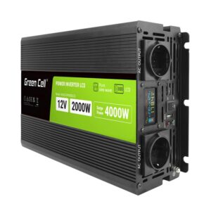 Įtampos keitiklis 12Vdc/230Vac 2000W(4000W) su sinusine išėjimo įtampa, LCD, USB 5V 2A; Green Cell