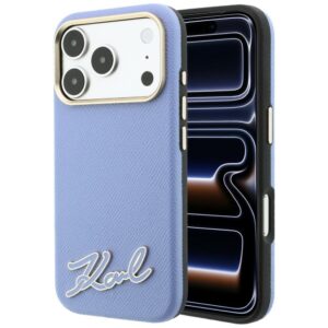 Dėklas Karl Lagerfeld Grained with Resin Signature Logo MagSafe, skirtas iPhone 18 Pro / 17 Pro, šviesiai mėlynas