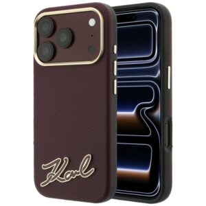 Dėklas Karl Lagerfeld Grained with Resin Signature Logo MagSafe, skirtas iPhone 18 Pro / 17 Pro, bordo spalvos