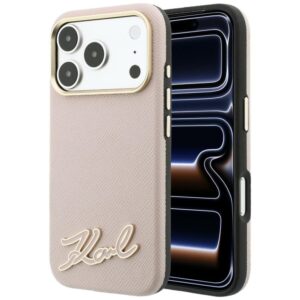 Dėklas Karl Lagerfeld Grained with Resin Signature Logo MagSafe, skirtas iPhone 18 Pro / 17 Pro, rožinis