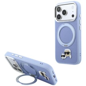 Dėklas Karl Lagerfeld su 360° žiediniu stovu Karl & Choupette Heads Pin MagSafe, skirtas iPhone 18 Pro/17 Pro