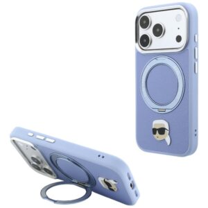 Dėklas Karl Lagerfeld su žiediniu stovu 360 Karl Head Pin MagSafe, skirtas iPhone 18 Pro / 17 Pro, šviesiai mėlynas
