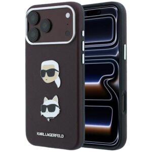 Dėklas Karl Lagerfeld Saffiano su Karl & Choupette Heads smeigtukais ir logotipu, skirtas iPhone 18 Pro / 17 Pro, bordo spalvos