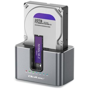 Qoltec 52631 HDD SSD prijungimo stotelė | SATA | M.2 NVMe | klonavimas | USB-C | 10 Gb/s | 28 TB