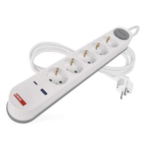 Ilgiklis 5 lizdų 3m su jungikliu 1.5 mm2 1×USB-A + 1×USB-C baltas EMOS