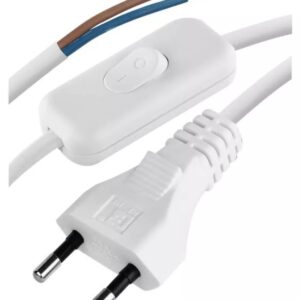 Maitinimo kabelis AC su kištuku 2m, jungikliu ir lituojamais išvadais iki 2.5A PVC 2× 0,75mm² baltas EMOS