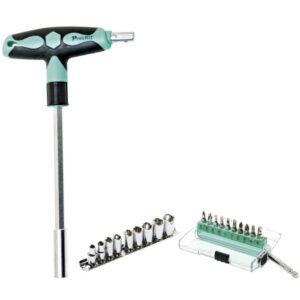 Universalus T formos įrankis su keičiamais atsuktuvų atsuktuvų antgaliais ir raktų galvutėmis, SD-9701M Pro'sKit
