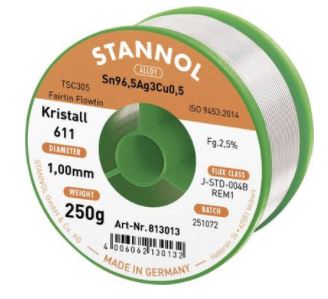 Lydmetalis Sn96.5Ag3Cu0.5 1.00mm su fliusu 2.5% Kristall611 250g, Stannol