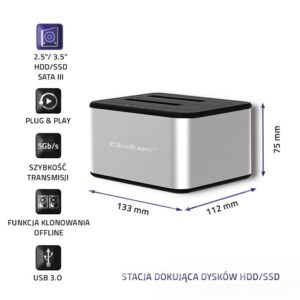 Qoltec 50316 2x HDD / SSD prijungimo stotelė | 2,5 "/3,5" SATA | USB 3.0 | Klonavimas - Image 3