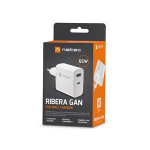 NATEC RIBERA GAN CHARGER 1x USB-A + 1x USB-C 65W BALTAS - Image 2