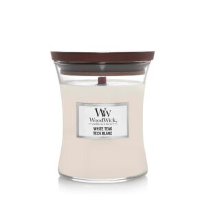 WoodWick White Teak vaško žvakė Cilindras Kedro medienos, Ąžuolo mediena, Ąžuolinė kerpena, Santalas Balta 1 vnt