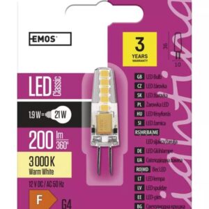 LED lemputė G4 12V JC 2W 210lm, šiltai balta, 3000K, EMOS