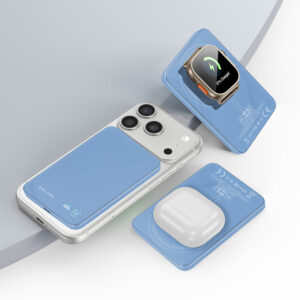 Blavec Power Bank 5000mAh BJ-04 Ultra Slim 7,8mm - Typ C - 22,5W magnetyczny indukcyjny Magsafe 3 w 1 (PBBJ04-MC5LB) jasnoniebieski szklany - Image 3