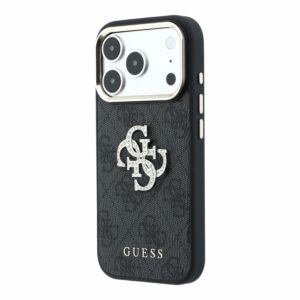Guess PU 4G Strass Metal Logo dėklas skirtas iPhone 18 Pro juodos spalvos