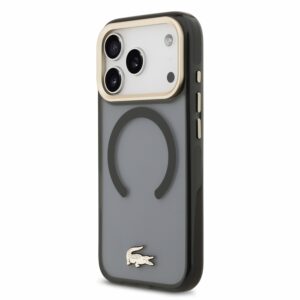 Lacoste IML Shockproof Petit Pique Gold Logo MagSafe dėklas skirtas iPhone 18 Pro juodos spalvos
