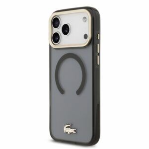 Lacoste IML Shockproof Petit Pique Gold Logo MagSafe dėklas skirtas iPhone 18 Pro Max juodos spalvos