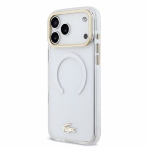 Lacoste IML Shockproof Petit Pique Gold Logo MagSafe dėklas skirtas iPhone 18 Pro Max skaidrus