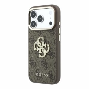 Guess PU 4G Strass Metal Logo dėklas skirtas iPhone 18 Pro rudos spalvos