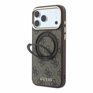 Guess PU 4G Ring Stand MagSafe dėklas skirtas iPhone 18 Pro Max rudos spalvos
