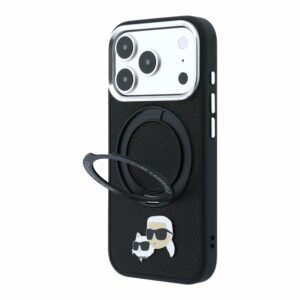 arl Lagerfeld PU Grained K&CH Heads Ring Stand Magsafe dėklas skirtas iPhone 18 Pro Max juodos spalvos