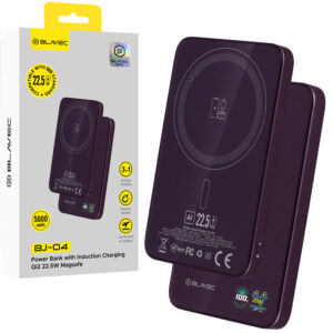 Blavec išorinė baterija 5000mAh BJ-04 itin plona 7,8mm - C tipo - 22,5W magnetinė indukcinė Magsafe 3 viename (PBBJ04-MC5P) violetinė stiklinė
