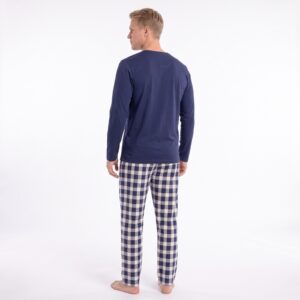 Vyriška medvilninė pižama ilgomis rankovėmis GAUBERT GB-2551, Henley apykaklė, tamsiai mėlyna su languotomis kelnėmis, XL - Image 3