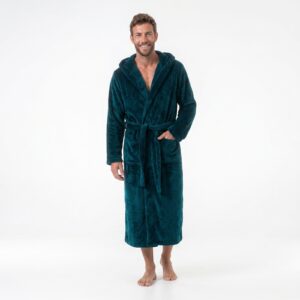 GAUBERT unisex flisinis chalatas su gobtuvu, ilgas, žalsvai mėlynos spalvos L/XL - Image 5