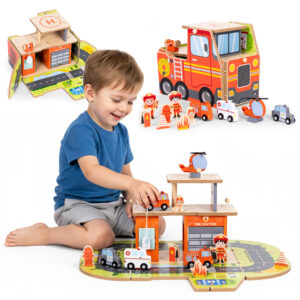 Medinis gaisrinės garažo rinkinys „2-in-1“ – stotis ir sunkvežimis, 2 aukštai, figūrėlės, transporto priemonės ECOTOYS