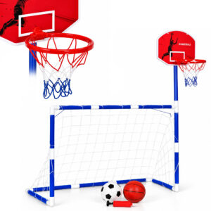2-in-1 sporto rinkinys vaikams su futbolo vartais, krepšinio lanku, kamuoliais ir pompa