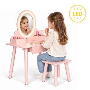 Vaikiškas medinis tualetinis staliukas su LED veidrodžiu, stalčiumi, kėdute ir 6 priedais, rožinis ECOTOYS